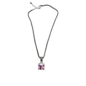 Pink Cushion Cut Crystal Pendant Necklace Silver Gold Tone Two Tone Box Chain
